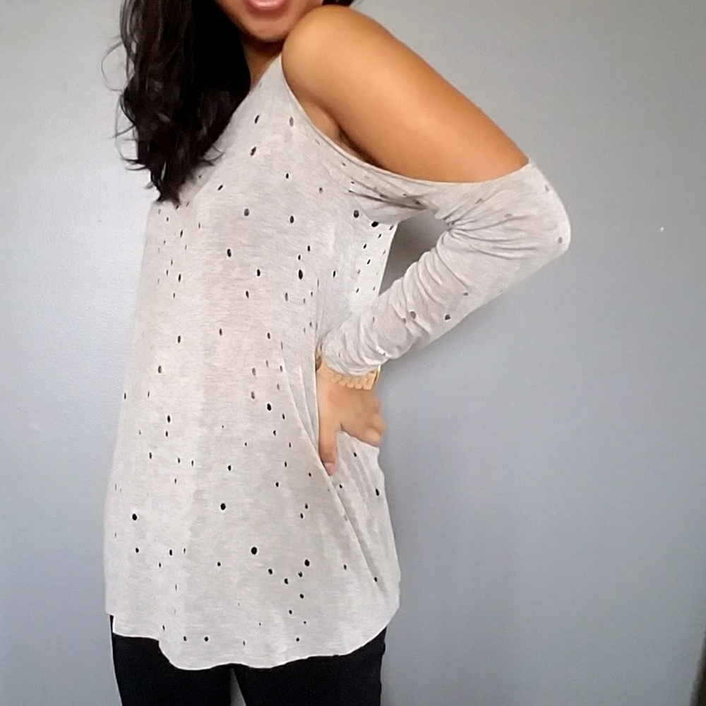 🍁BOGO🍁GRAY PERFORATED COLD SHOULDER TOP - Picture 2 of 6